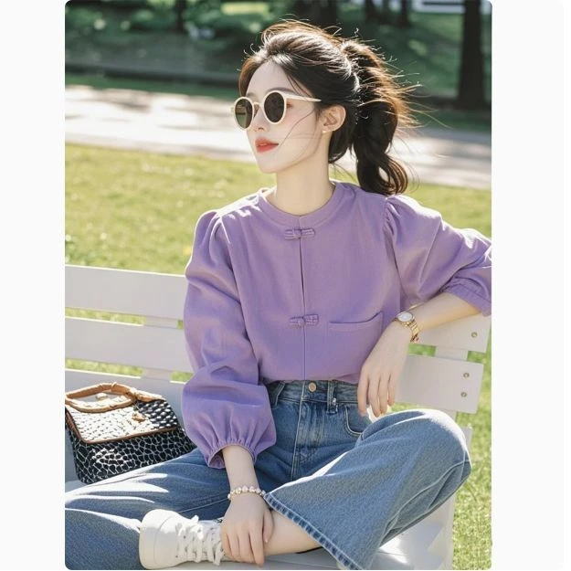 今年流行爆款超好看独特洋气减龄设计感紫色新中式盘扣圆领衬衫春