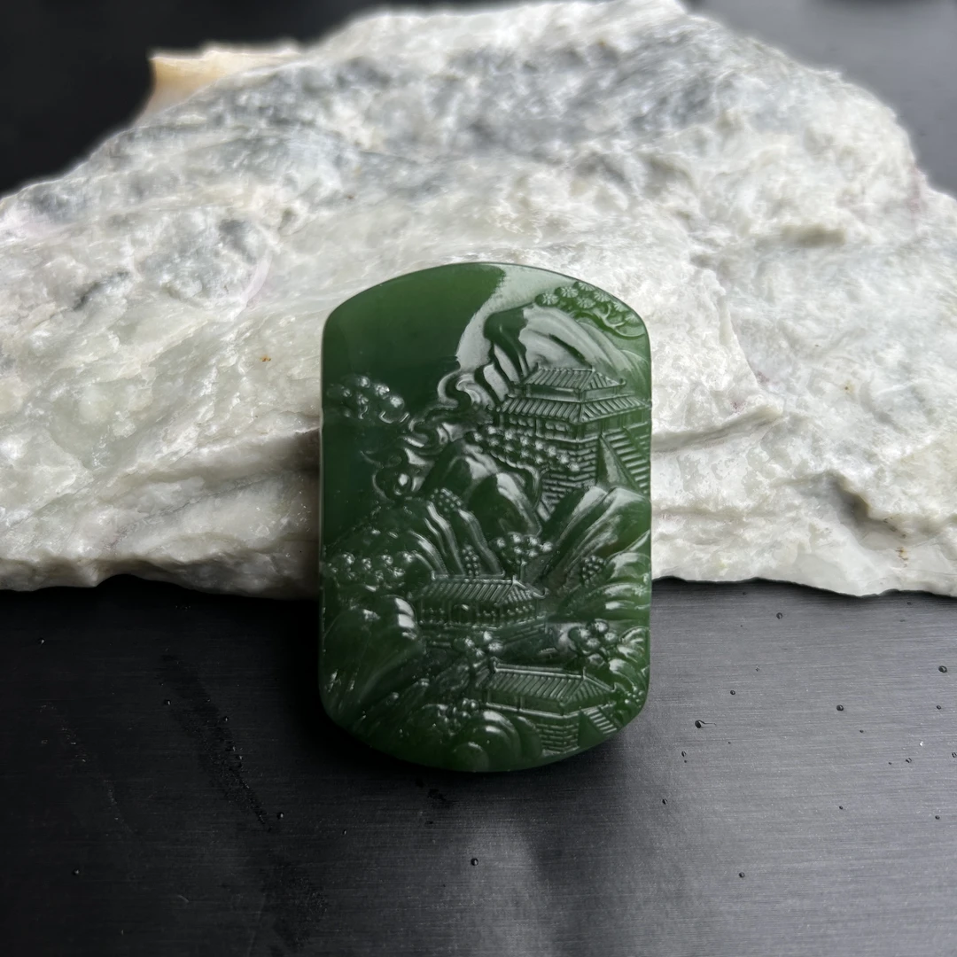 【左氏珠宝】旗舰店专属3202和田玉碧玉山水牌双面雕刻精美