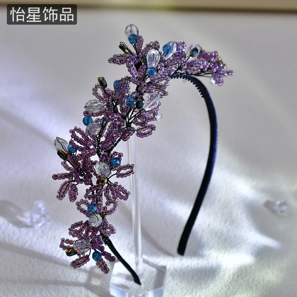 怡星 紫色花卉发箍高级复古气质手工编织水晶头饰轻奢洋气发饰A57