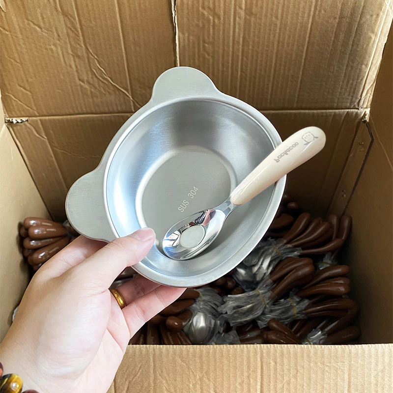 304不锈钢盘碗宝宝辅食碗加深款家用喝汤幼儿园吃饭碗+儿童元宝勺