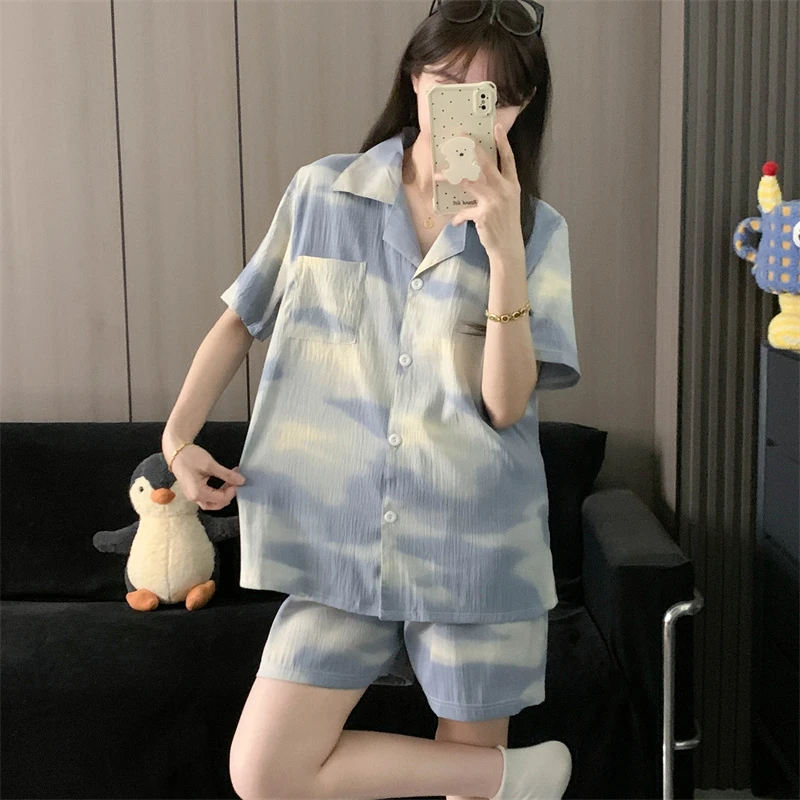 2025新款条纹韩版睡衣女夏季薄款大码短袖短裤两件套家居服可外穿