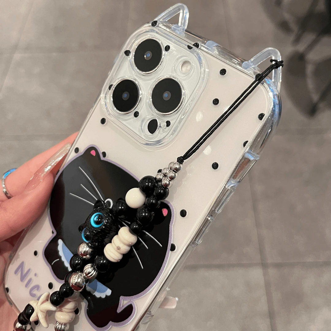大脸黑猫挂链适用iPhone16/15pro苹果14猫耳朵11手机壳13透明12套