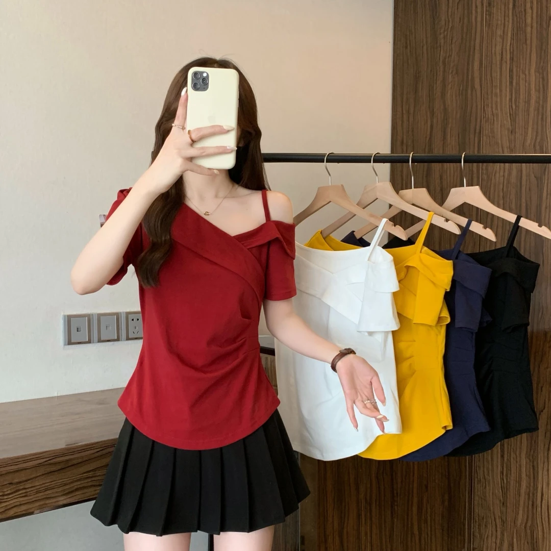 2025夏季新款设计感显瘦收腰短袖t恤胖mm减龄纯欲风遮肉斜领上衣