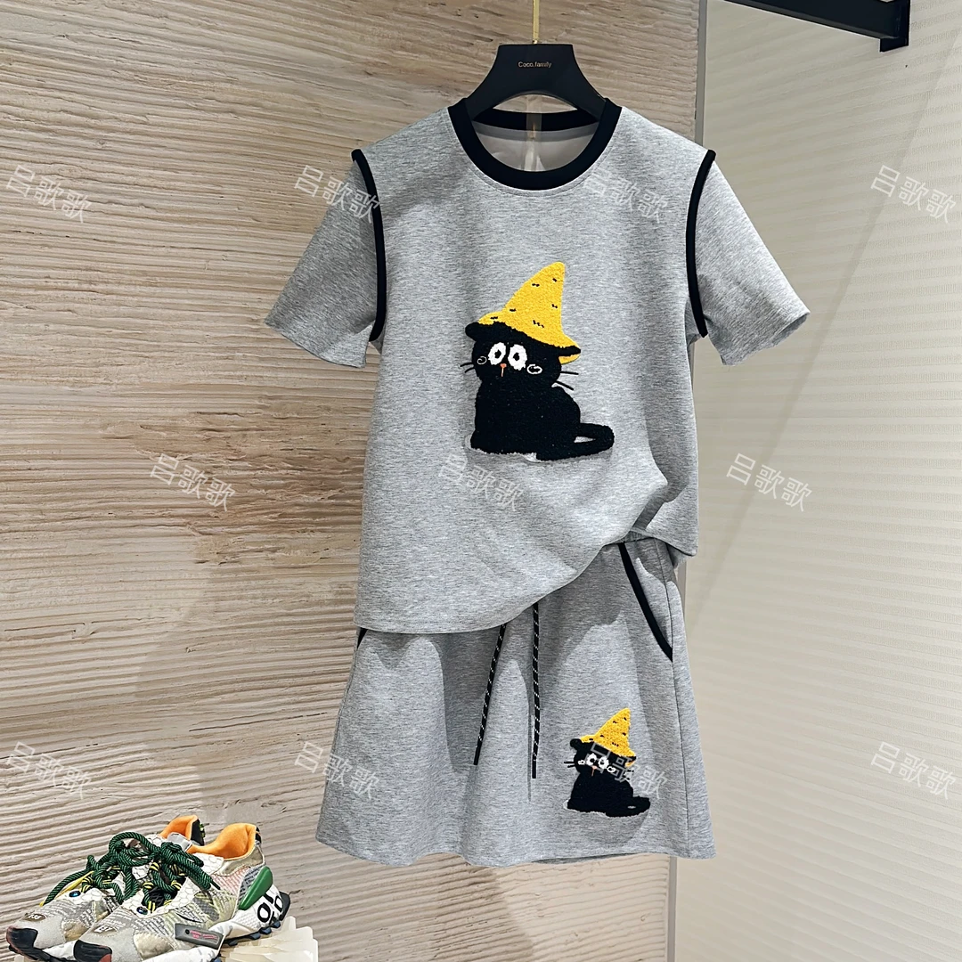 【宠粉价】夏季新款时尚设计感卡通黑色小猫短袖套装JC-A3719