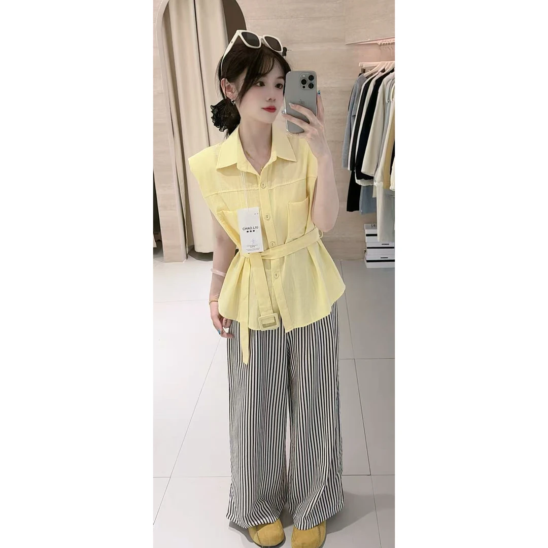 9932腰带款条纹裤套装