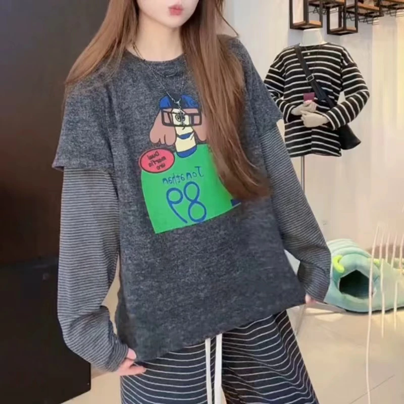 松弛感假两件【卡通·数码印】长袖t恤大码春季新款拼接打底衫25002