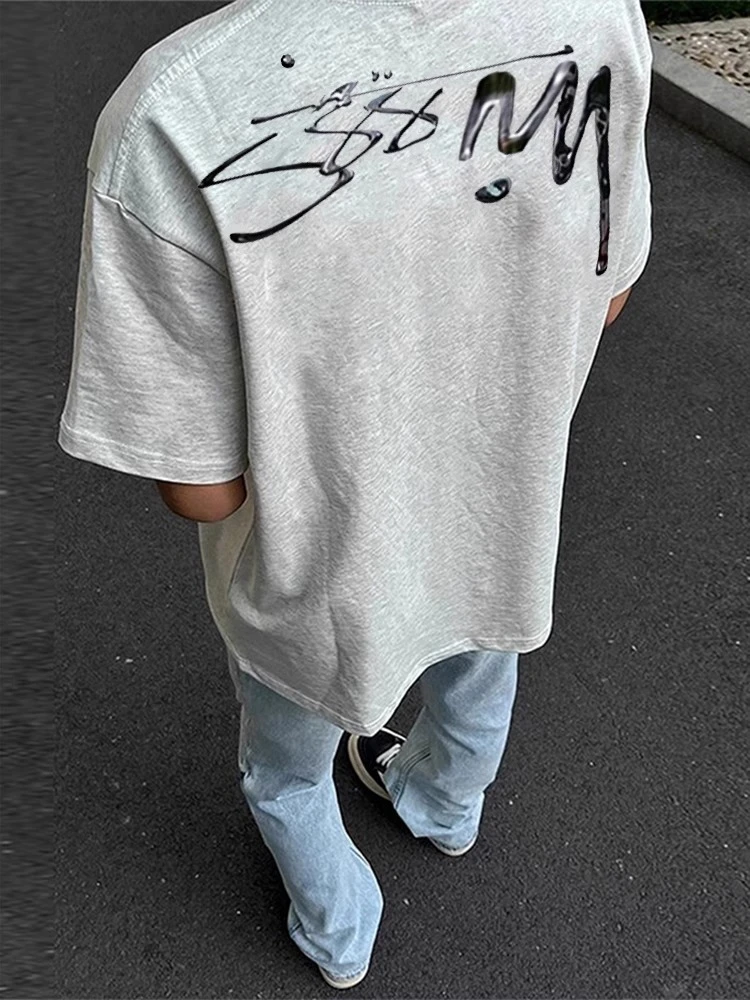 260g重磅纯棉泼墨夏季新款t恤短袖美式高街休闲宽松字母印花体恤