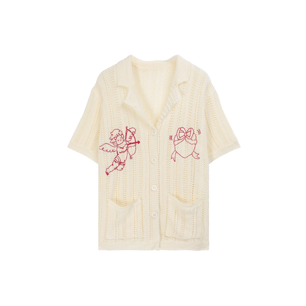 RAZZ52924夏季新品复古休闲卡通天使刺绣翻领短袖开衫上衣女
