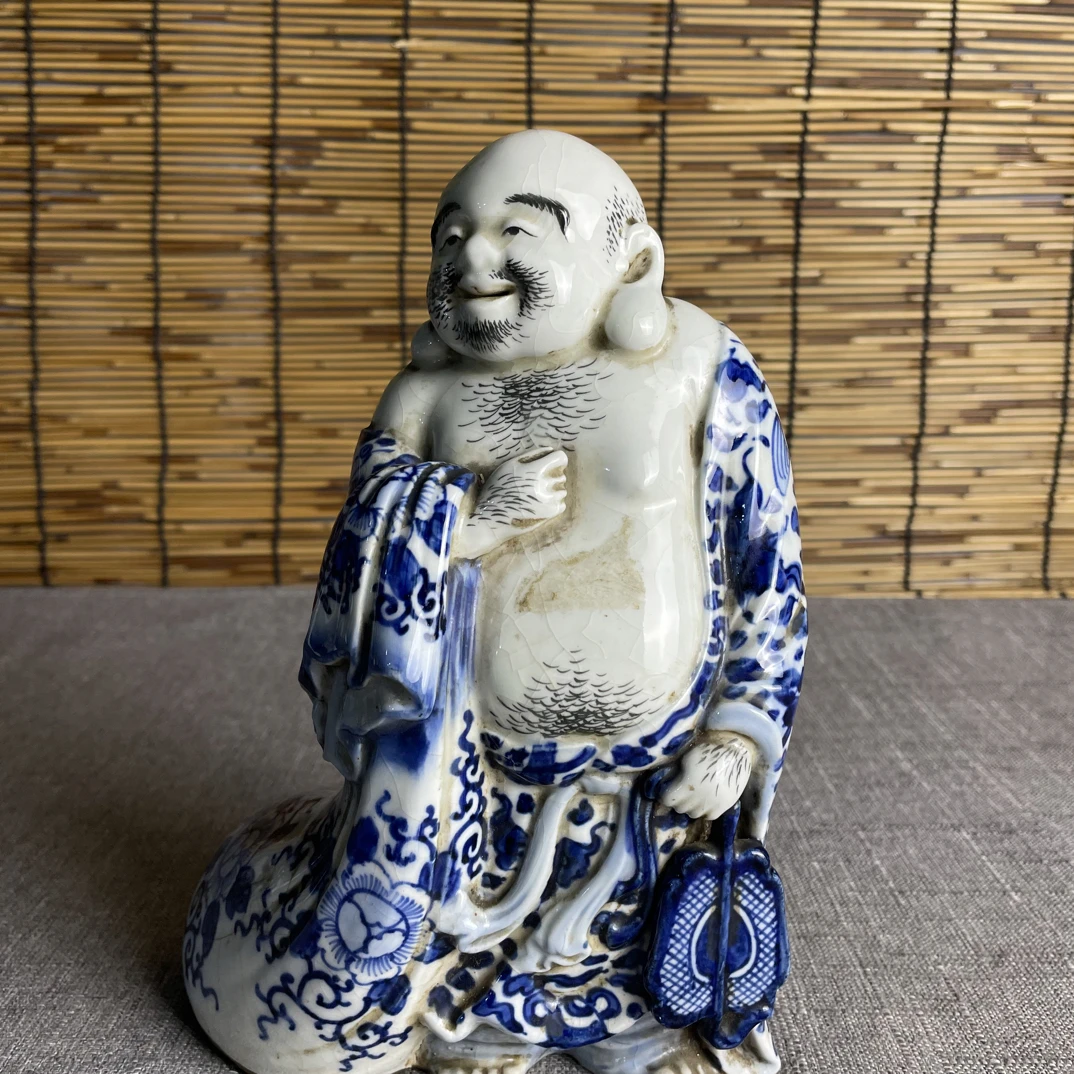 青花布袋和尚·古瓷雅藏】开片釉佛造像 案头纳福孤品