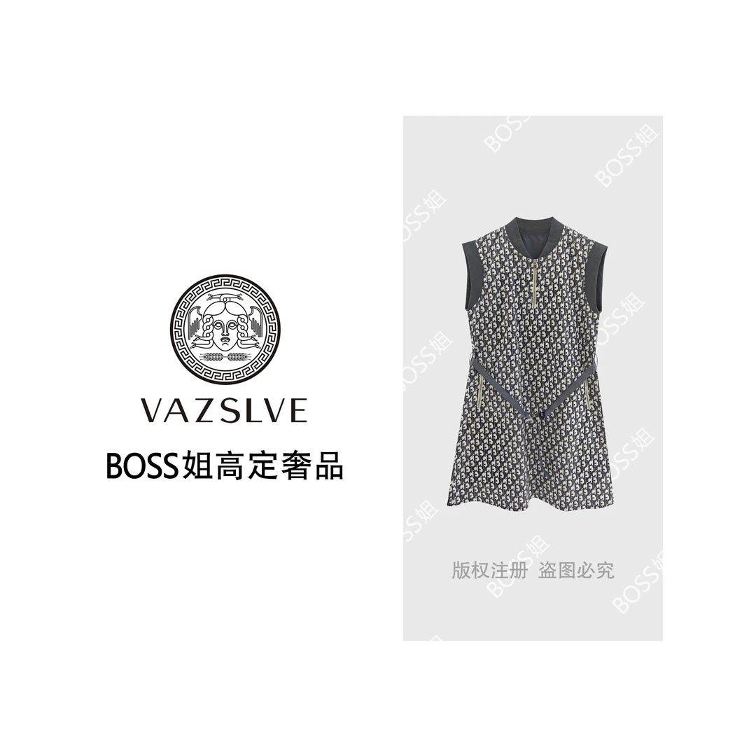 【VAZSLVE/原创设计】重工印花拉链休闲百搭连衣裙Q6622