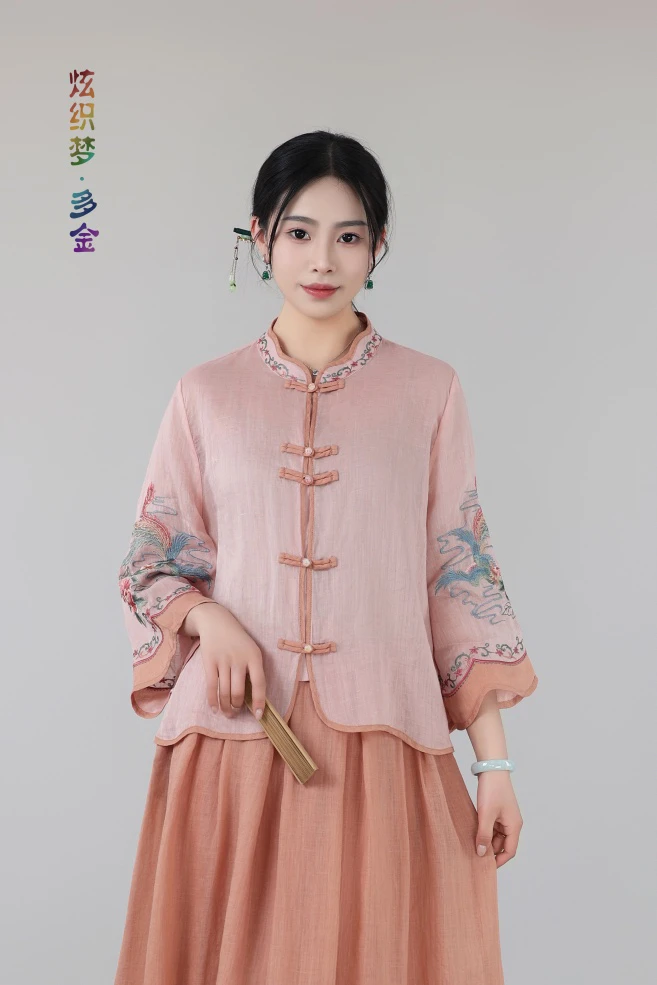 炫织梦多金25夏款中式对襟凤穿牡丹刺绣立领苎麻小衫上衣6179