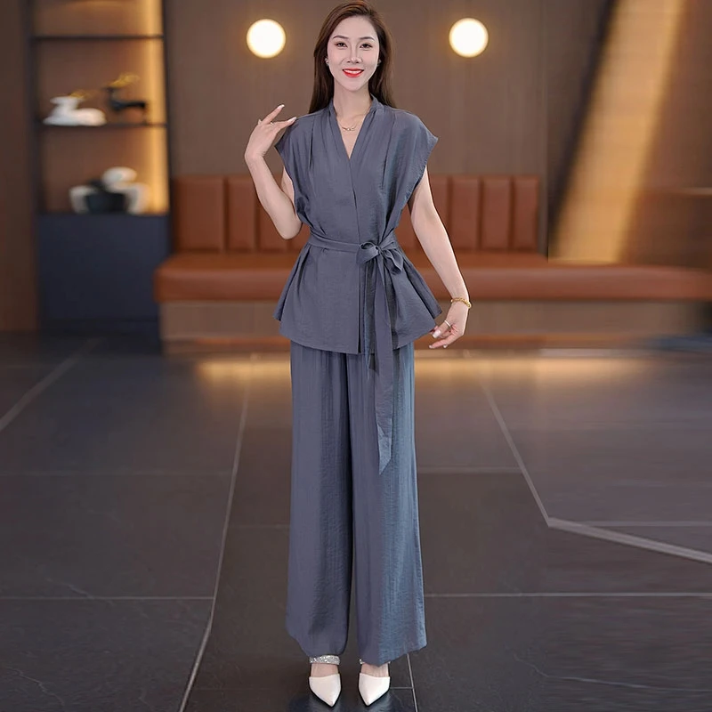 时尚套装女2025夏季新款洋气收腰系带显瘦短袖上衣阔腿裤两件套潮
