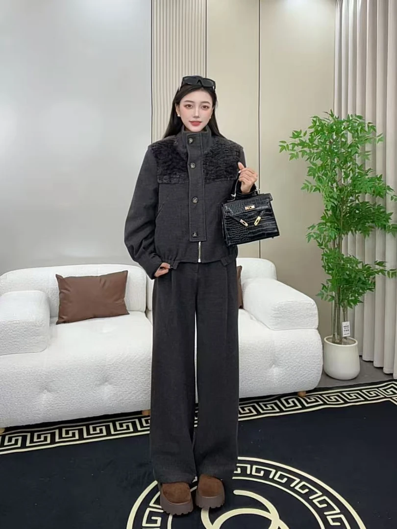 2025年冬季新款女翻领加厚款时尚拼接简约毛呢夹棉外套+裤子