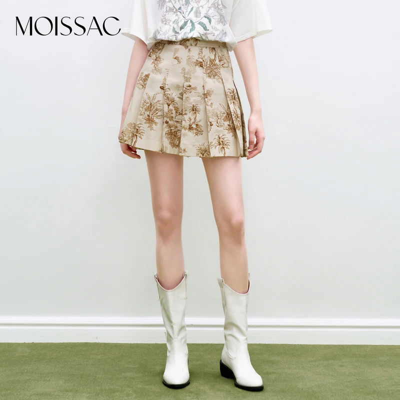 MOISSAC/摩萨克 秋季复古时尚印花仿牛仔斜纹百褶短裙MWDQ20209