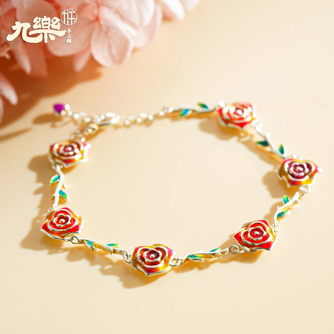 九乐 925银珐琅手链 珐琅六朵玫瑰花手链