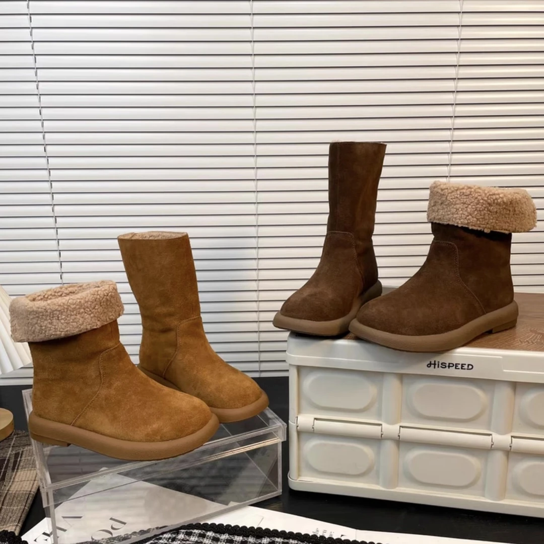 【+1现货】中筒小土豆冬季女鞋新款保暖棉鞋厚底中筒靴翻毛皮雪地靴