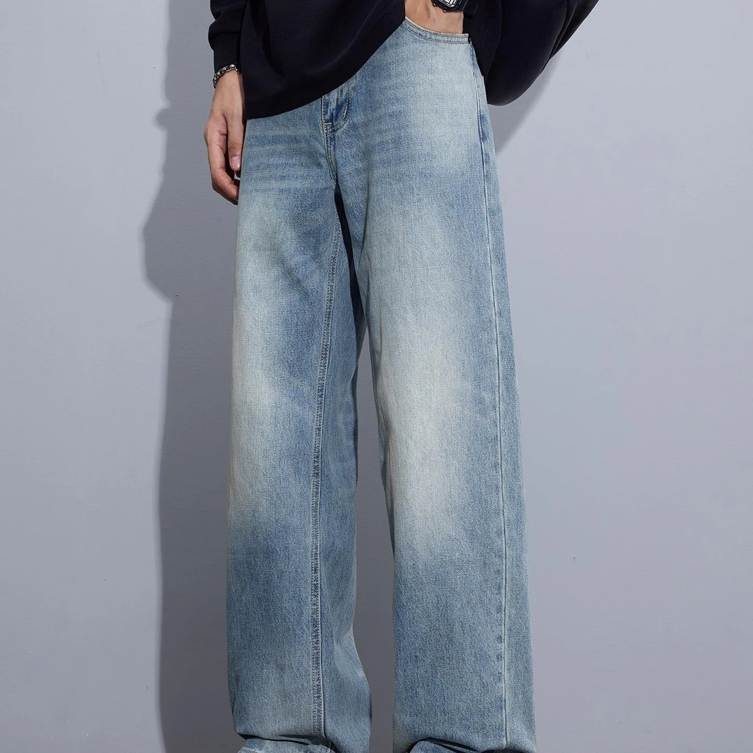 男装2025秋季美式覆古潮牌宽松直筒磨边水洗牛仔裤男款