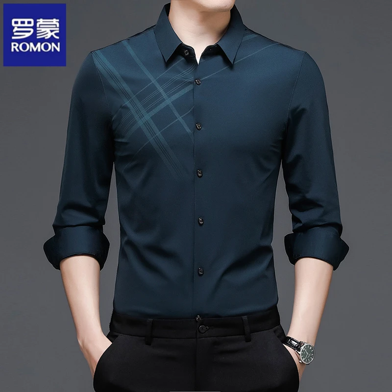 罗蒙秋冬季男士长袖免烫商务休闲男士抗皱印花格子衬衫衬衣秋季男
