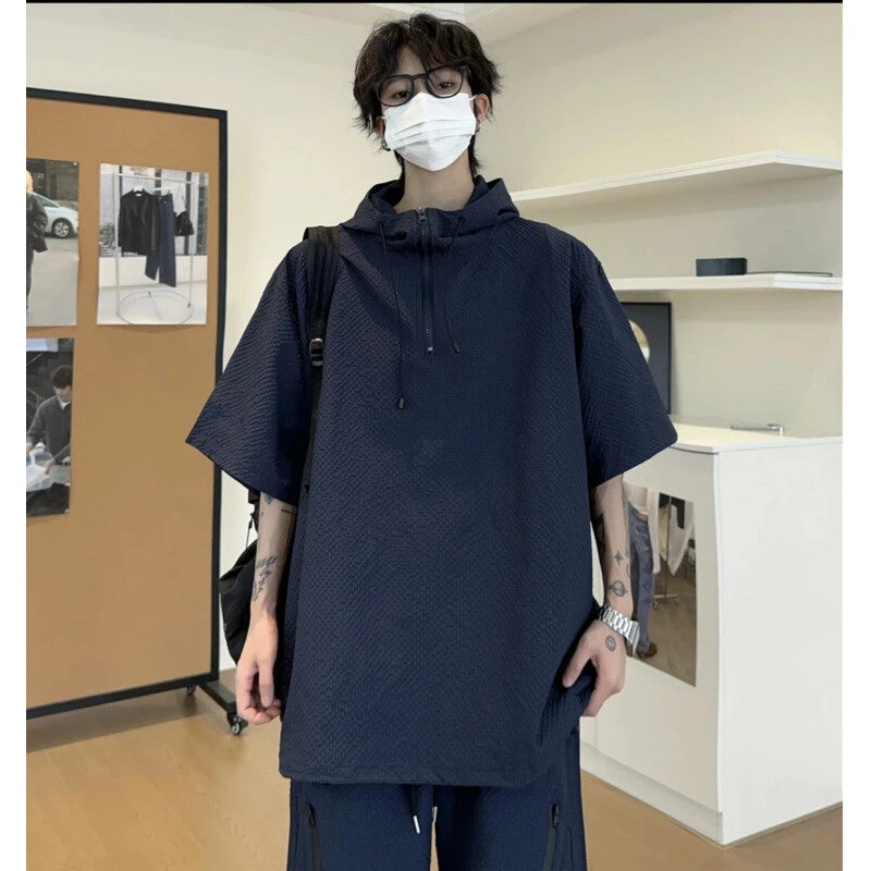 连帽泡泡纱防晒衣夏季新款短袖T恤男士潮牌百搭套装情侣弯刀裤男