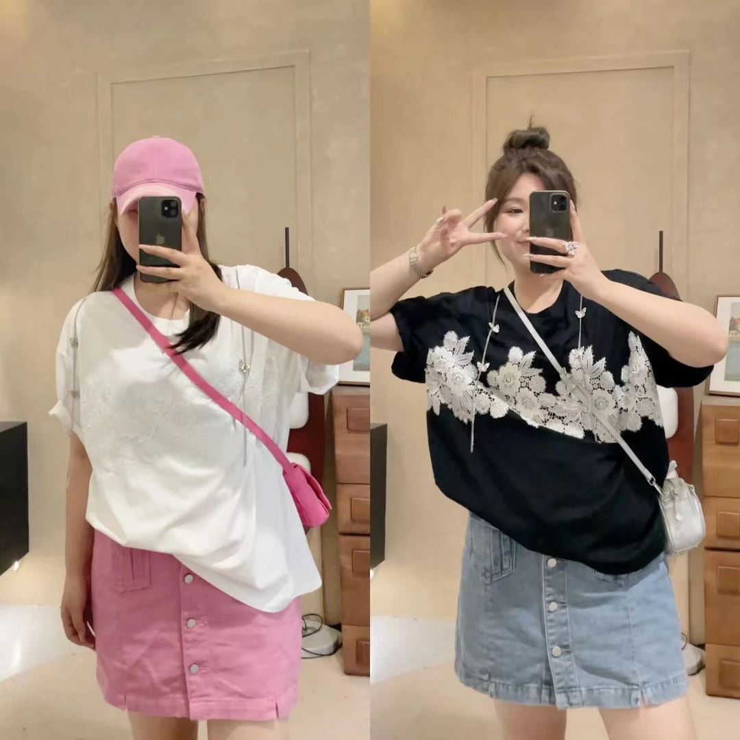 晶咕【蕾丝蝴蝶】圆领短袖T恤时尚休闲百搭夏季宽松刺绣重工