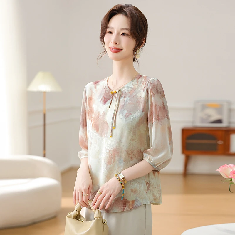 洋气妈妈夏装雪纺衬衫短袖T恤中老年女士气质上衣春夏宽松小衫