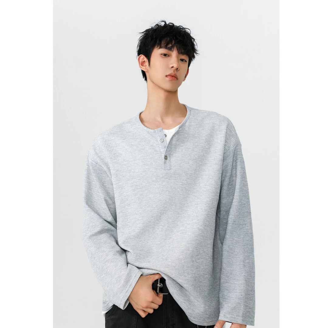 美式假两件亨利领长袖T恤男痞帅潮宽松打底衫少年感慵懒套头上衣