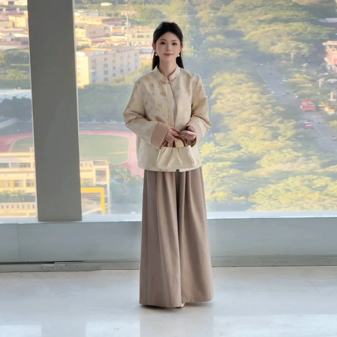 织造司[金桂福禄]新中式汉服立领对襟外套提花圆领衫阔腿裤（单拍）