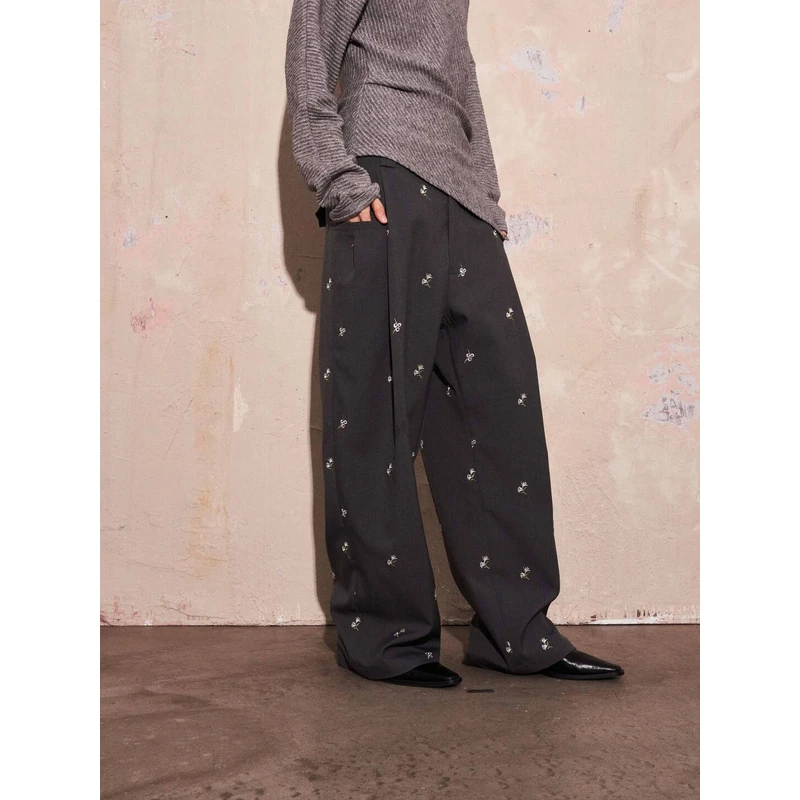 same flow百搭四季童趣刺绣设计感挺括有型休闲阔腿直筒情侣西裤