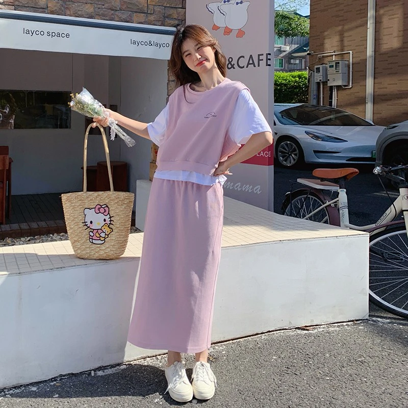 粉色休闲运动套装裙女夏2024新款韩系宽松假两件t恤半身裙两件套