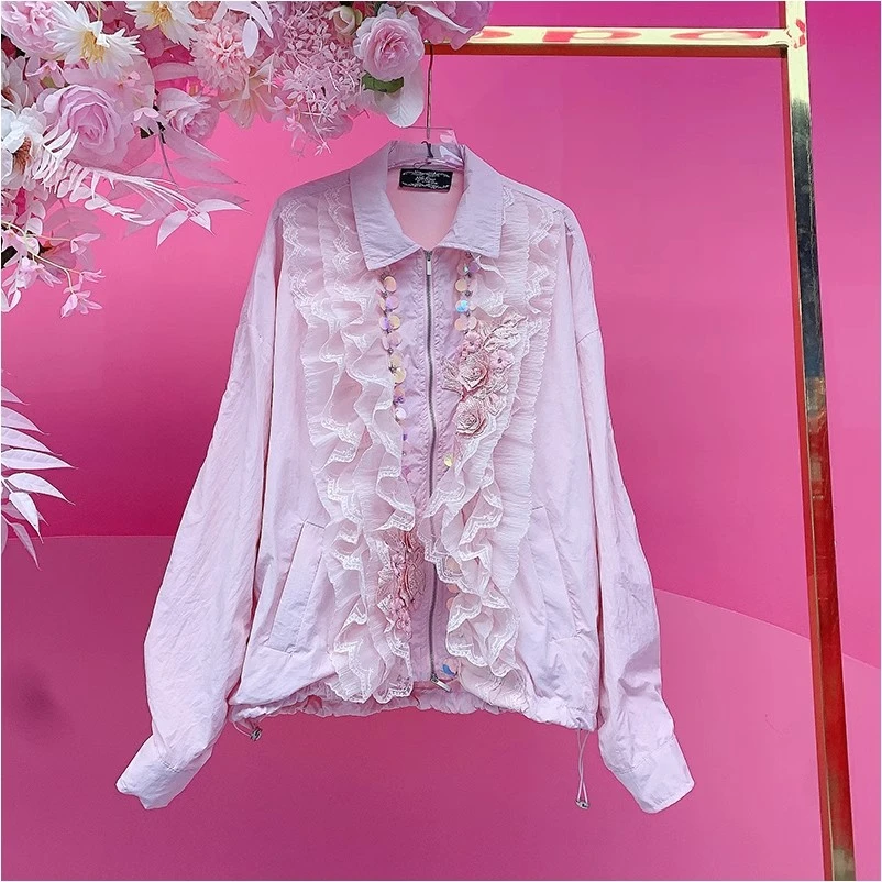 A1483欧美设计师2025早春新款重工钉钻流苏亮片荷叶边休闲外套女