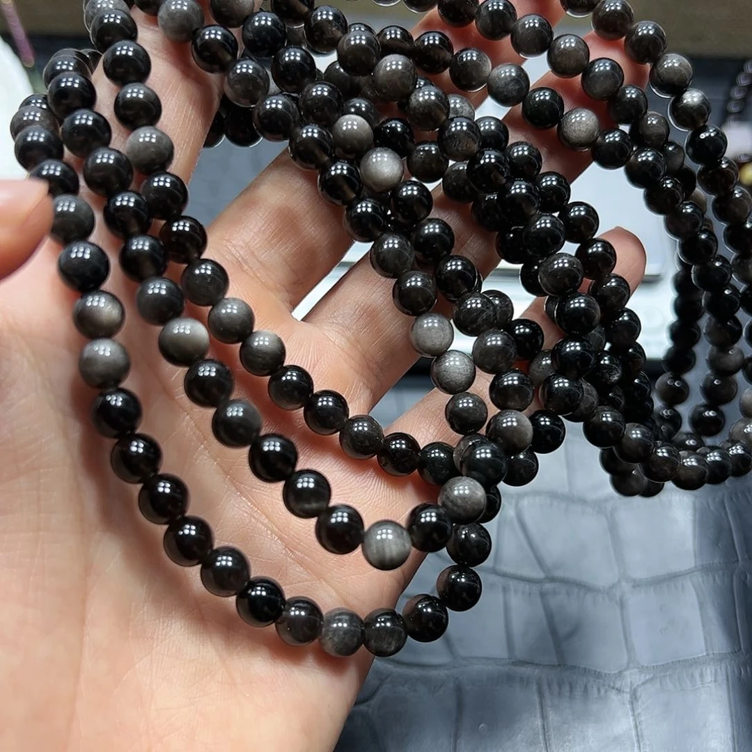 烟晶手链银S925镶嵌银曜石三圈