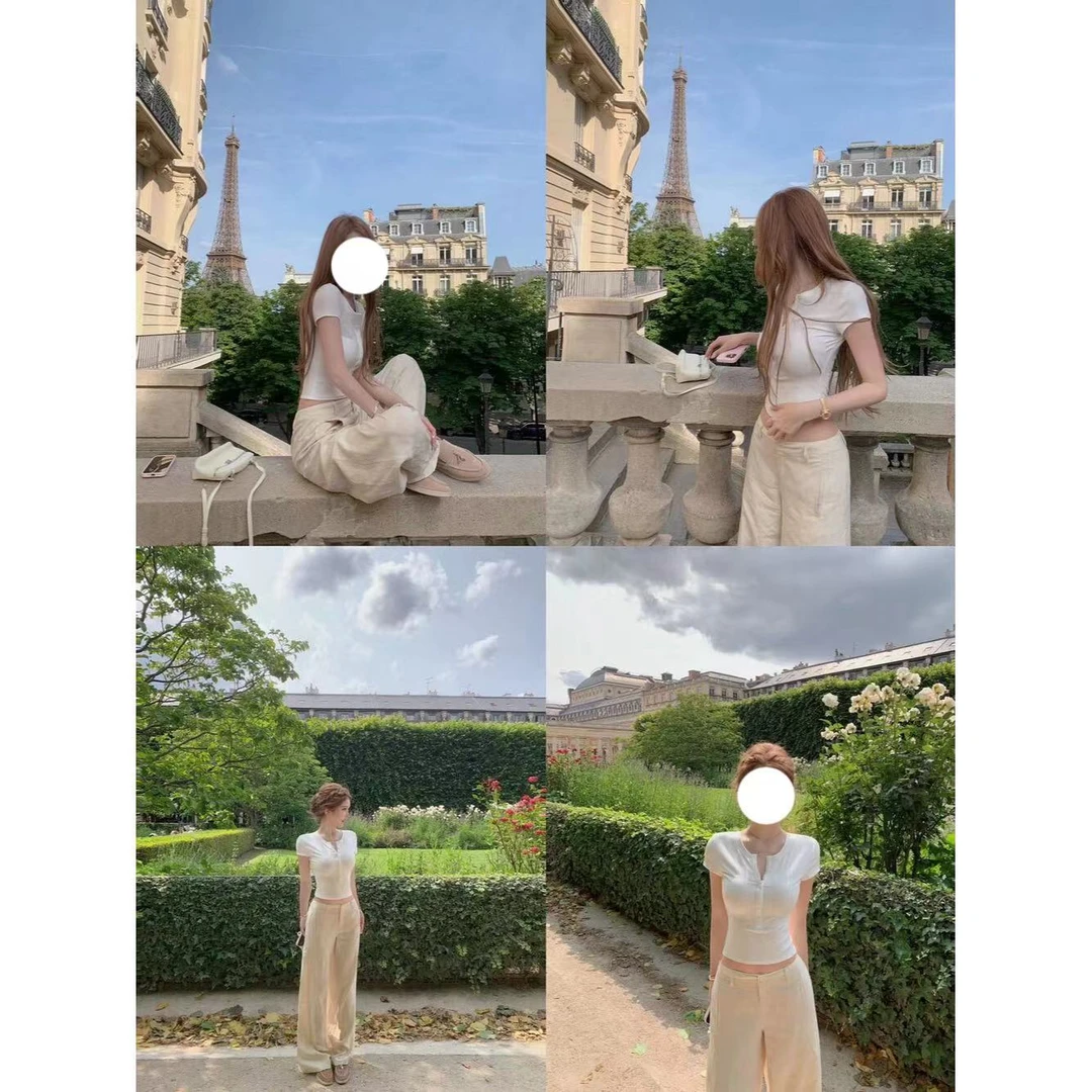 7546短款排汗刺绣抗起球抽褶短袖T恤温柔收腰复古