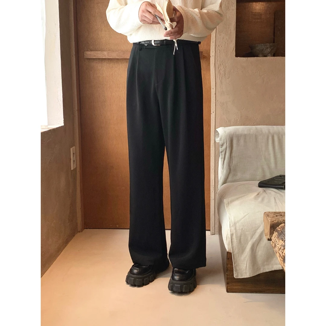 阿茶与阿古【简致单品】黑色直筒西裤男垂坠感休闲西装裤子A2507105