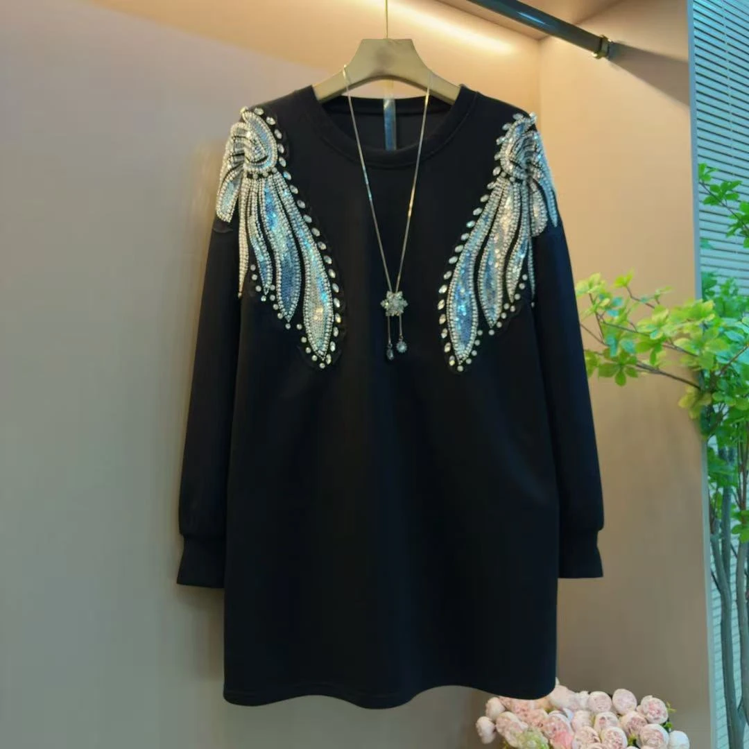 秋季轻奢拼接圆领百搭镶钻宽松休闲潮流长衫上衣（衣80左右）