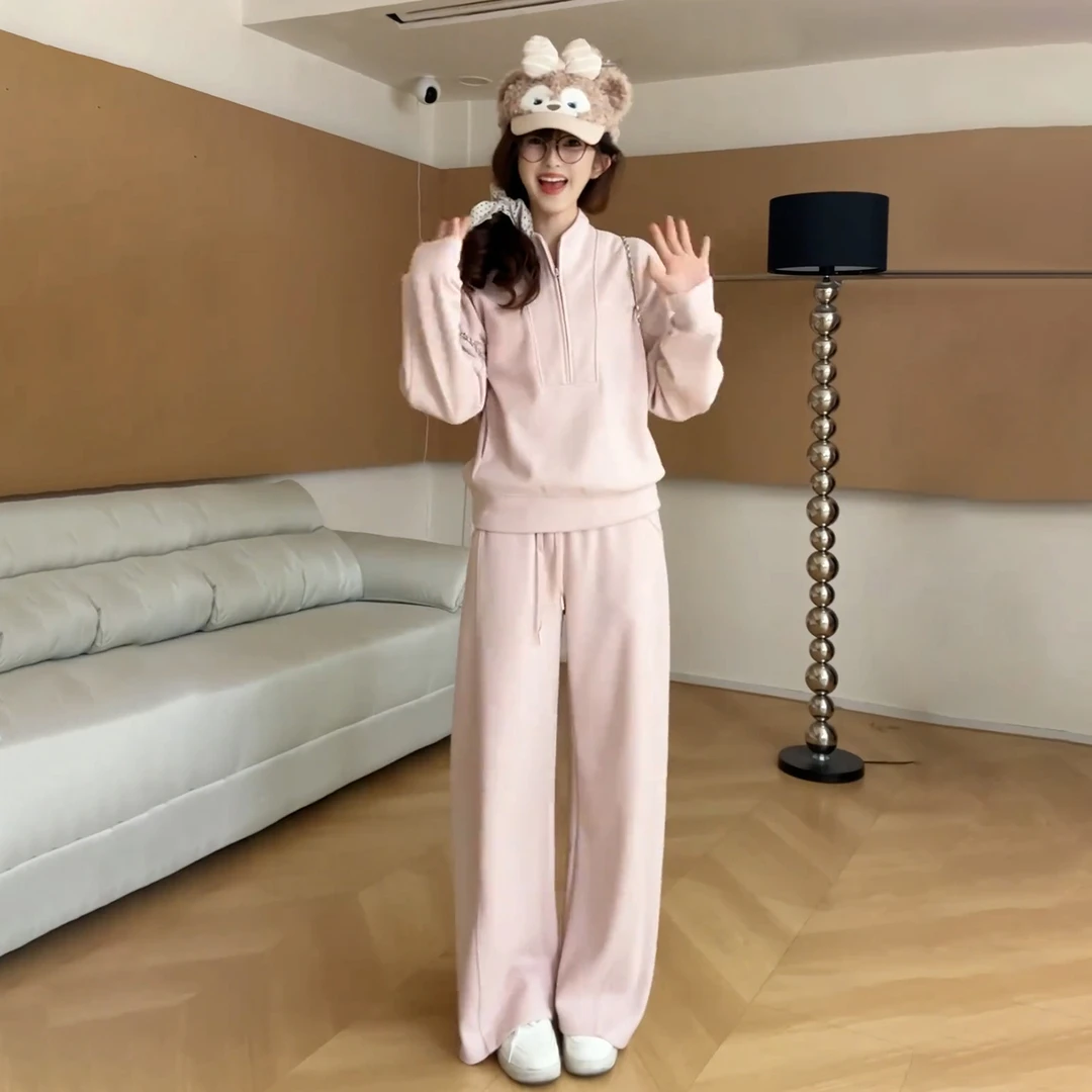 松弛感慵懒风宽松半拉链卫衣套装女秋冬休闲阔腿裤两件套高腰显瘦