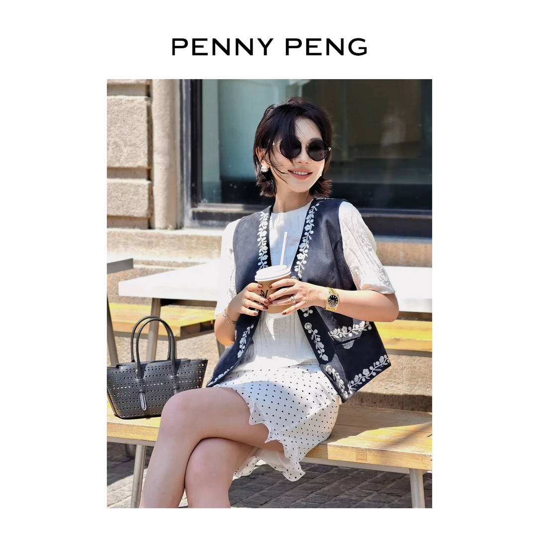 PENNYPENG 夏日生花 新中式羊皮刺绣马甲藏青色外套财阀千金女装