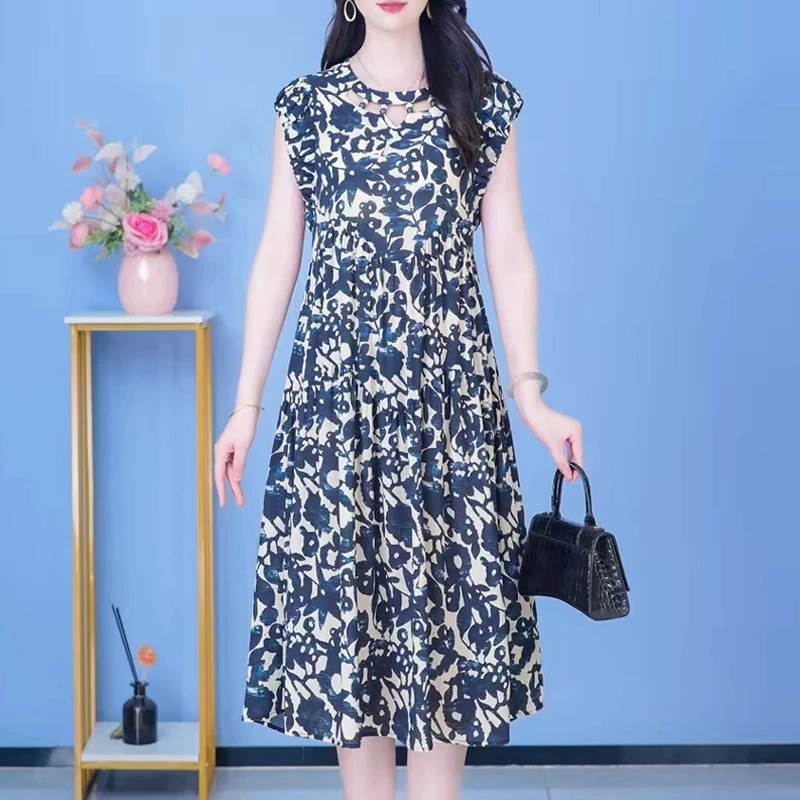 2025年夏季新款时尚高腰显瘦过膝花色连衣裙女气质妈妈装减龄裙子