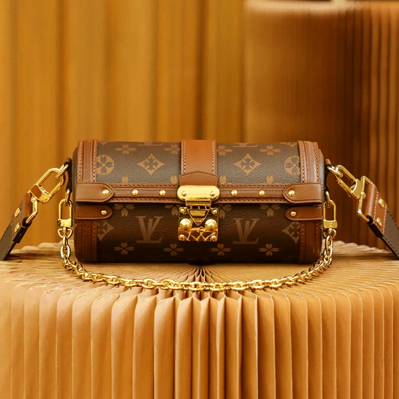 香港2025新款真皮女包老花圆筒包竹筒巴比龙链条单肩斜跨包小包包