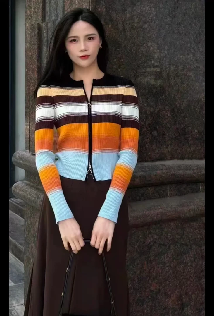 易缔媤  彩条针织衫拉链款D73385