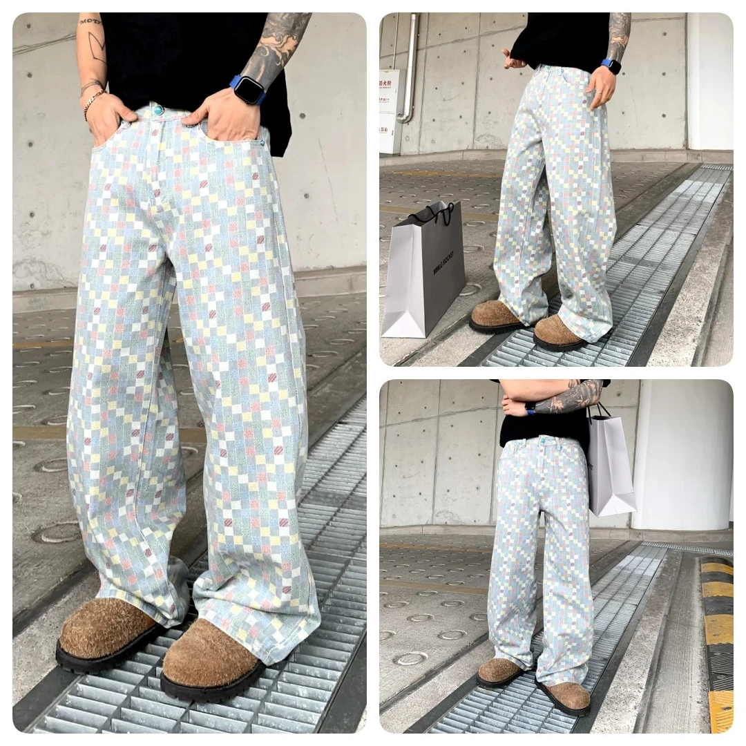 25SS早春彩色巴黎风棋盘格糖果配色阔腿直筒牛仔裤宽松个性高街