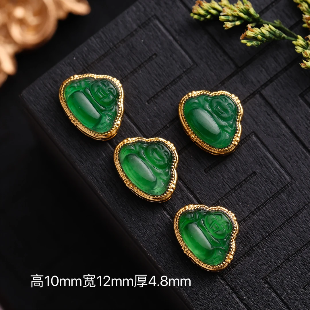 【来福工厂】18k金天然缅A翡翠佛公通孔背云高冰阳绿隔珠配饰