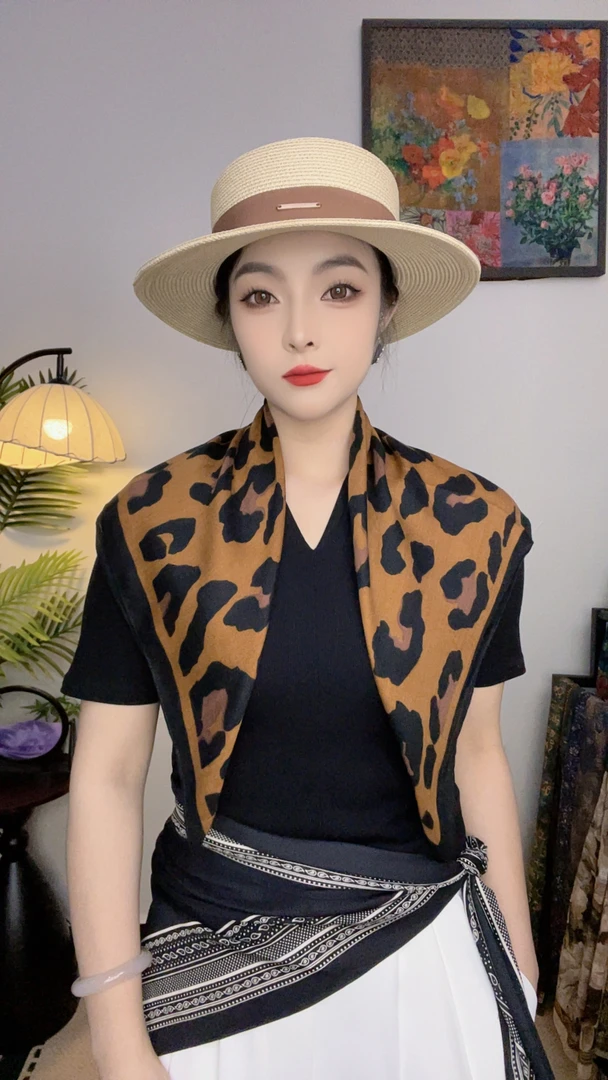 【咖色豹纹】65*65小方巾围巾小丝毛披肩双面轻奢复古时尚风百搭 女