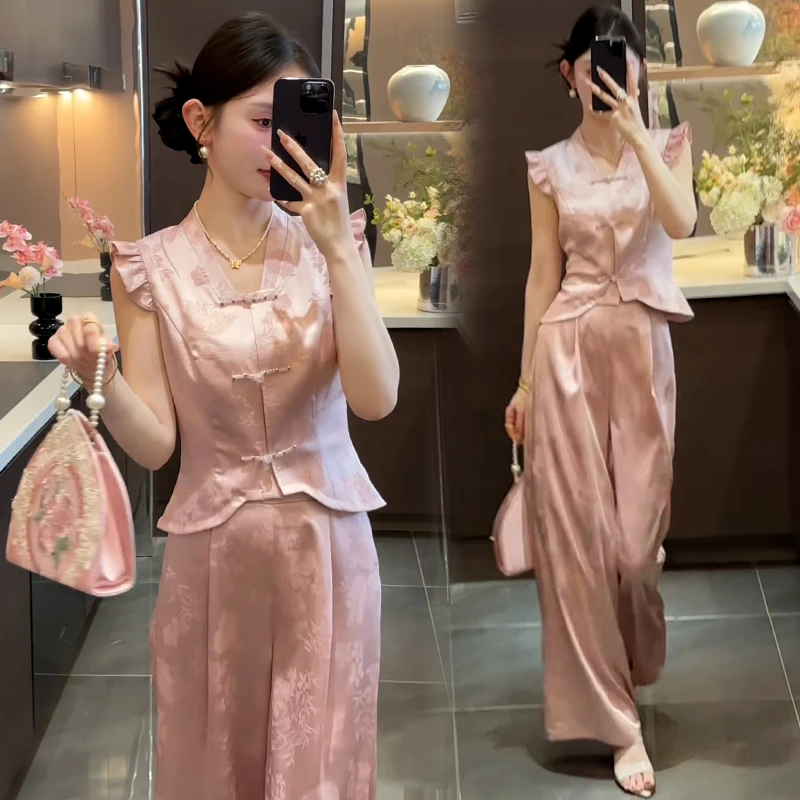 新中式国风休闲旗袍套装女2025年夏季新款盘扣上衣半身裙两件套潮