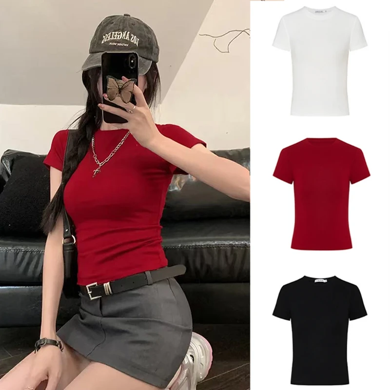2025夏季正肩短袖女圆领T恤新款修身显瘦纯色韩版百搭时尚简约t恤