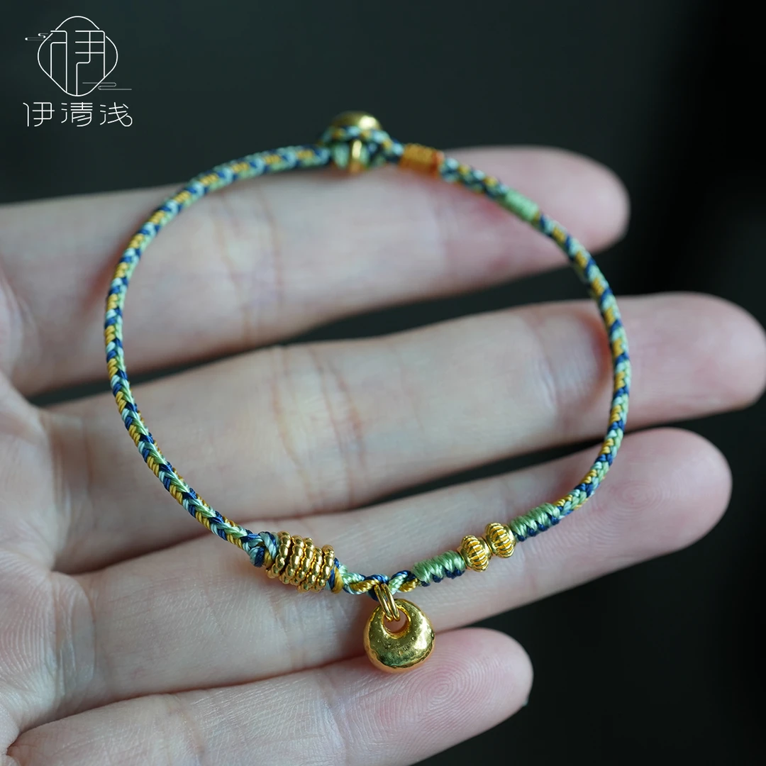 【福宝】伊清浅999足金胖福小金坨转运珠黄金手链八股辫五彩绳女