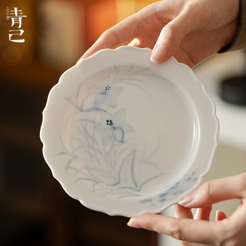青己陶瓷花口壶承手绘青花疏花絮影茶道配件干泡盘茶点盘茶具瓷盘