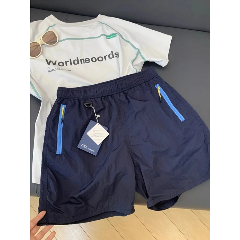 夏季薄款藏青速干短裤男美式痞帅拉链设计中裤运动跑步休闲五分裤