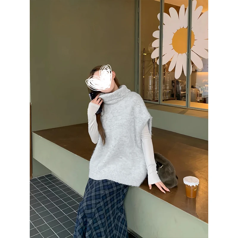 Moses Queen/魔西女王韩系高领背心针织衫女秋慵懒松弛感叠穿上衣