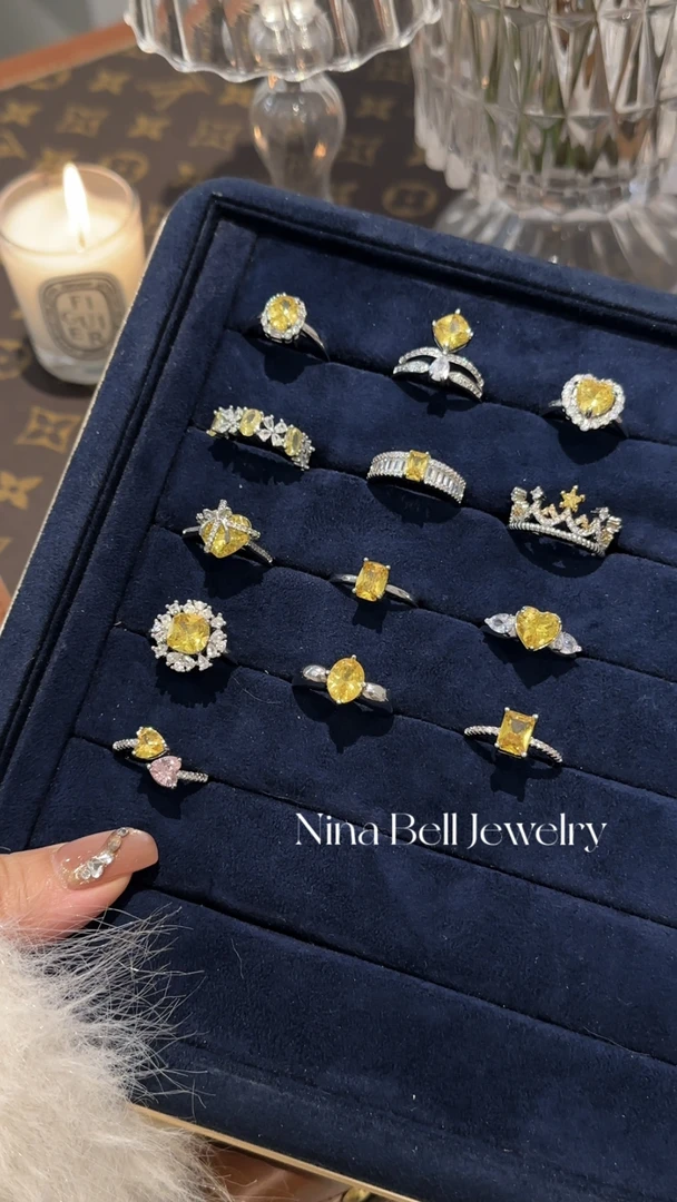 铜合金合成锆石戒指 复古中古vintage戒指可调节黄色气质轻奢时尚