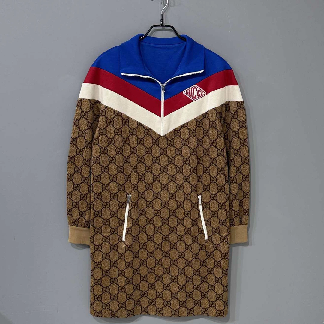 99新 GUCCI/古驰 条纹拼接老花满印连衣裙/无领标/L码76091